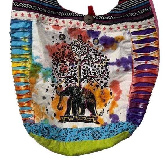 Y2k Boho Bohemian Hippie Shoulder Bag Peace elephant patch Made in Nepal cotton - Picture 1 of 16
